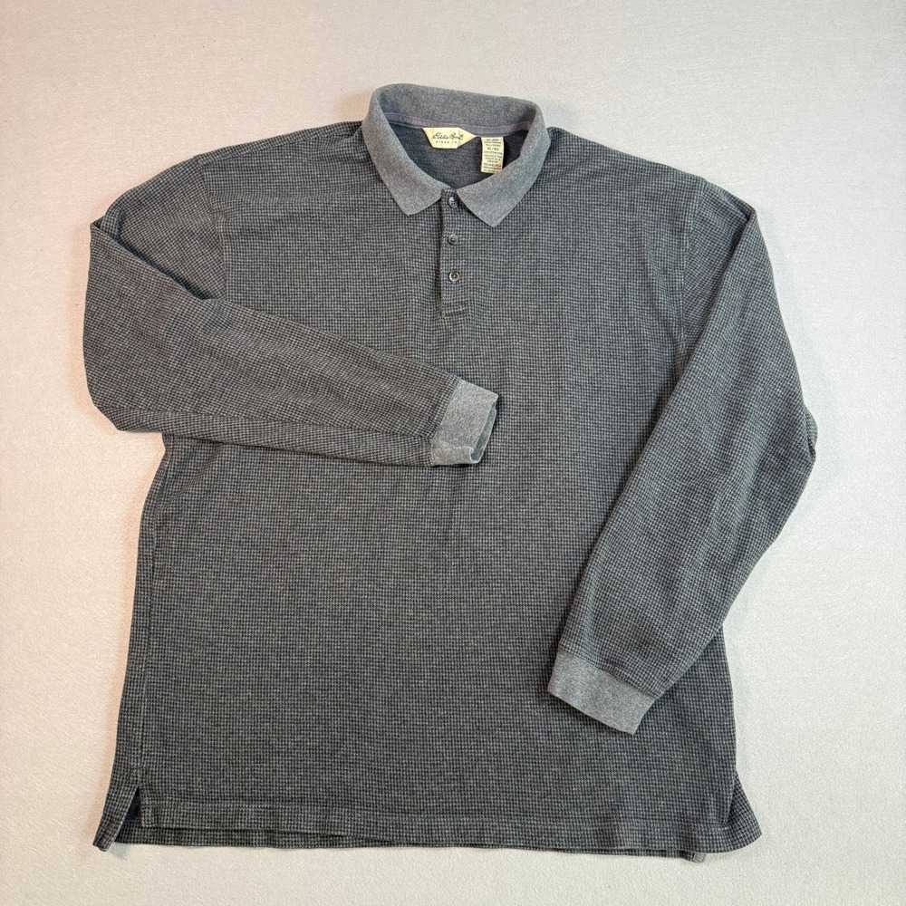 Eddie Bauer Polo Shirt Mens XL Long Sleeve Waffle Knit Sweater Gray Cotton
